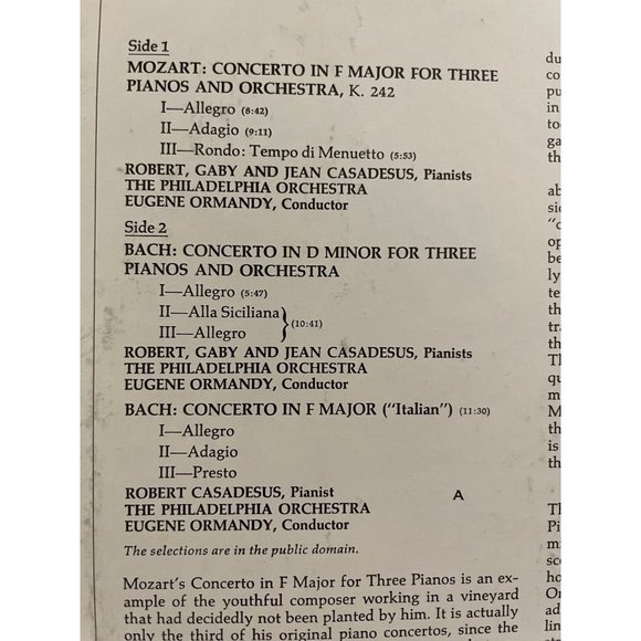 Classical Vinyl of Bach Concerto for 3 Pianos and Mozart's Concerto for 3 Pianos - Picture 6 of 11